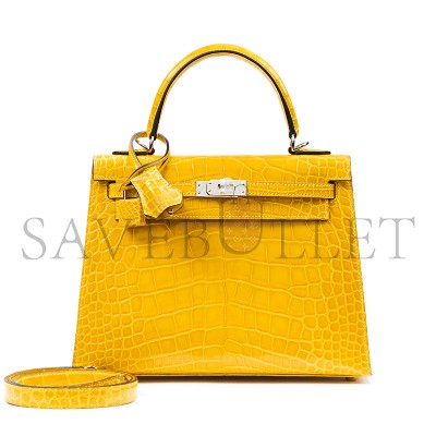 HERMÈS MASTER KELLY 25 NILE CROCODILE LEATHER AMBER YELLOW SILVER BUCKLE (25*17*7cm) 